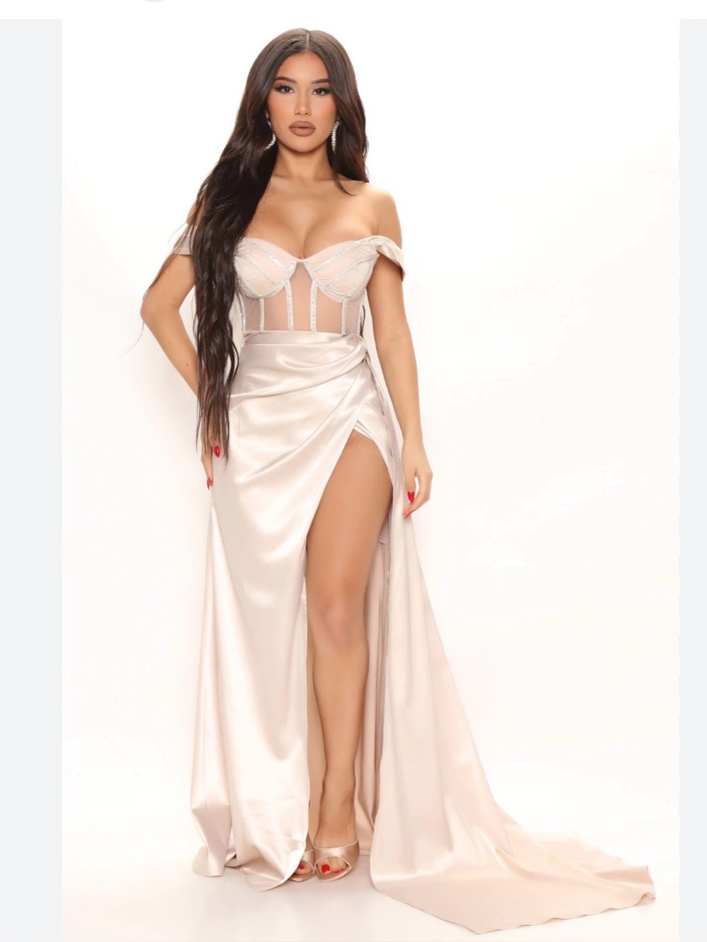 Fashion Nova One-Shoulder Satin Gown in Blush Pearl
